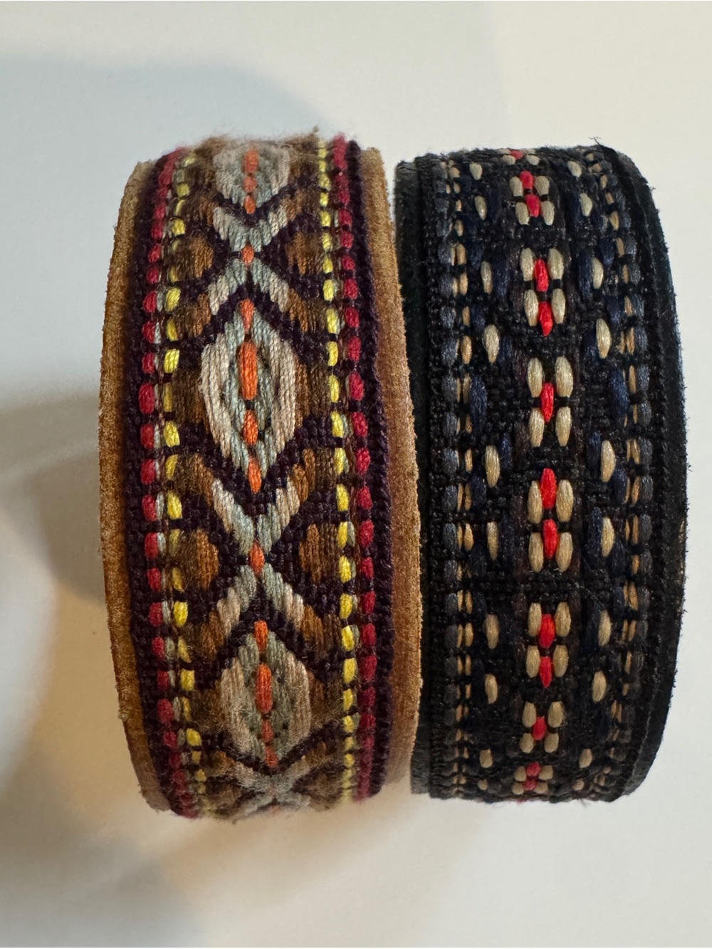 Boho Embroidered Leather Snap Bracelets Set of 2 Brown & Black